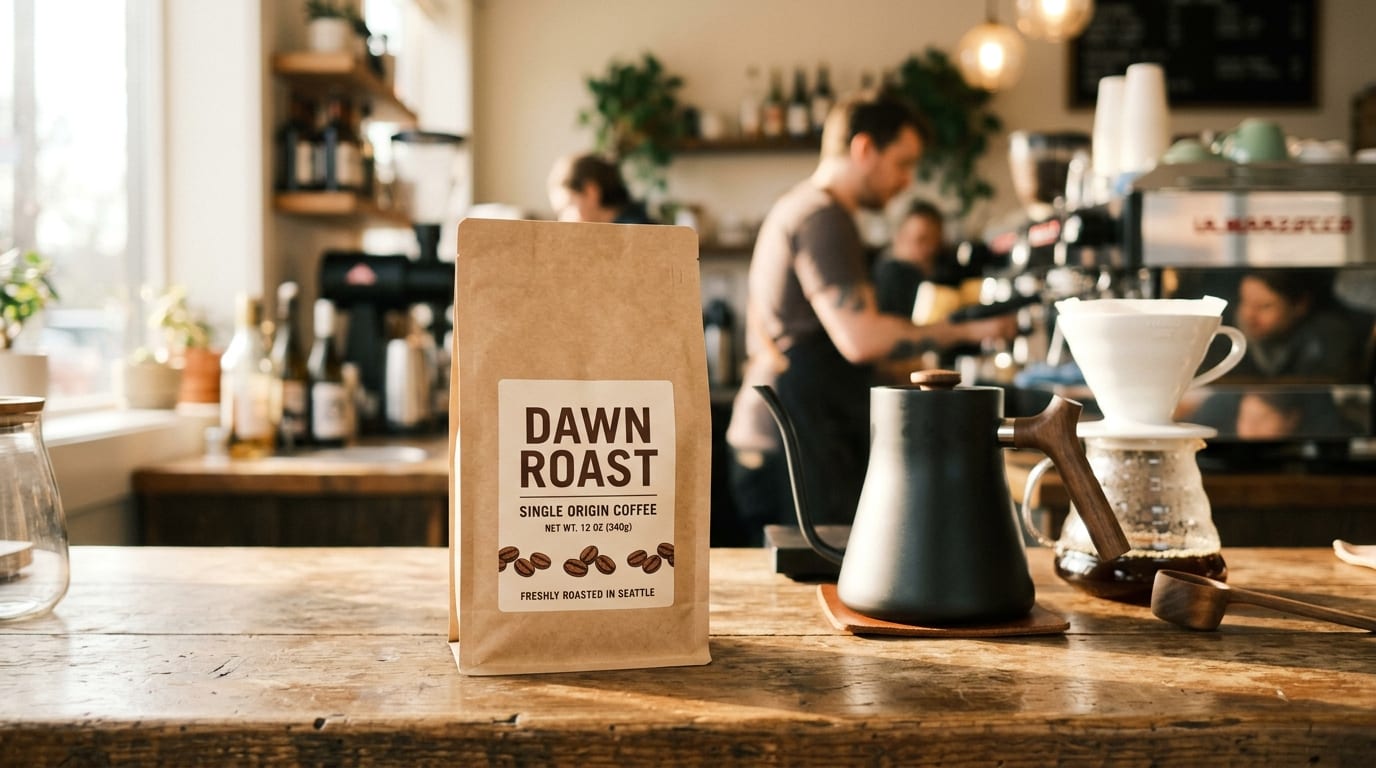 Product mock-up of a coffee bag on a café counter