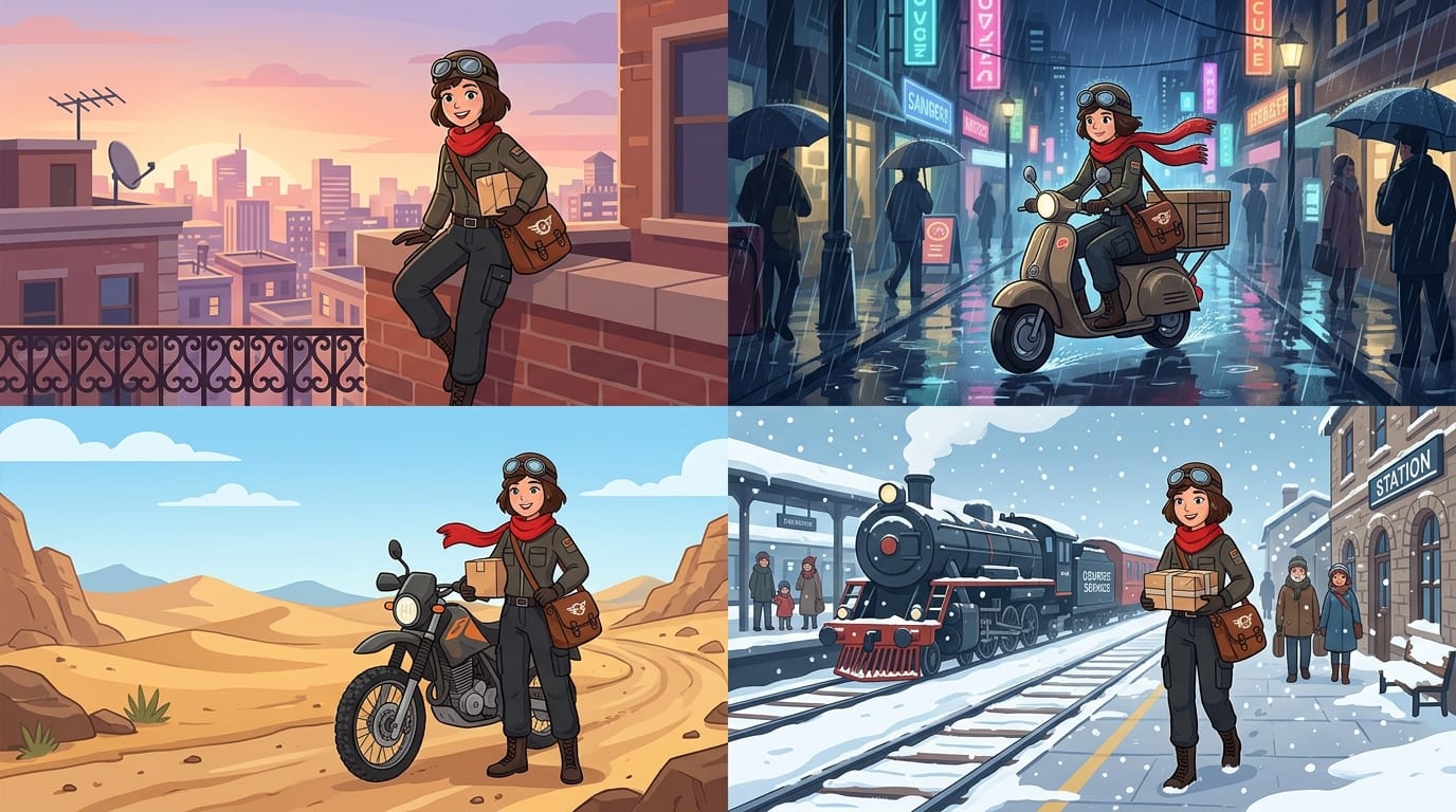 Four consistent variations of one illustrated character