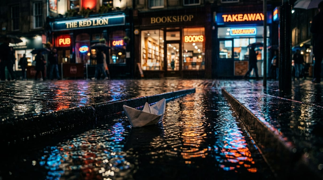 Cinematic still of a paper boat in a rainy street