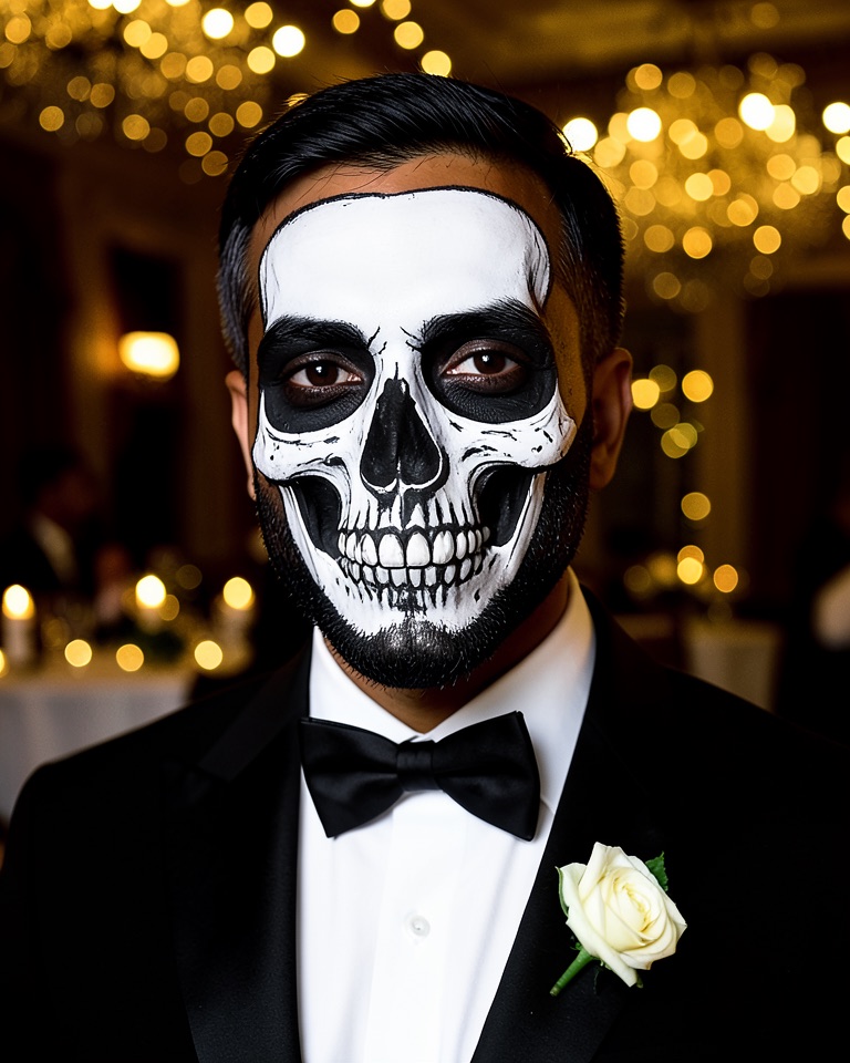 Fictional man with black and white skull face paint, black tuxedo, bow tie and white rose boutonniere in a ballroom with gold lights