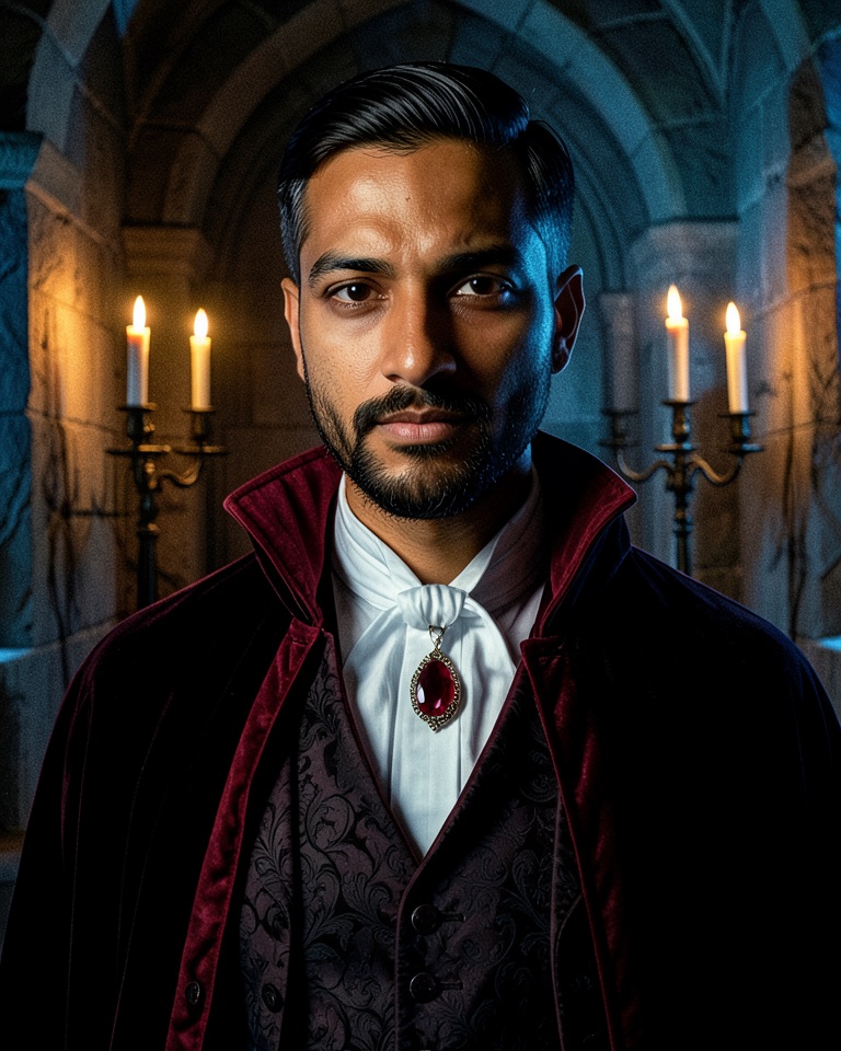 Fictional bearded man as a vampire count in a black velvet cape with crimson lining and a garnet pin, candelabra in a stone hall behind him