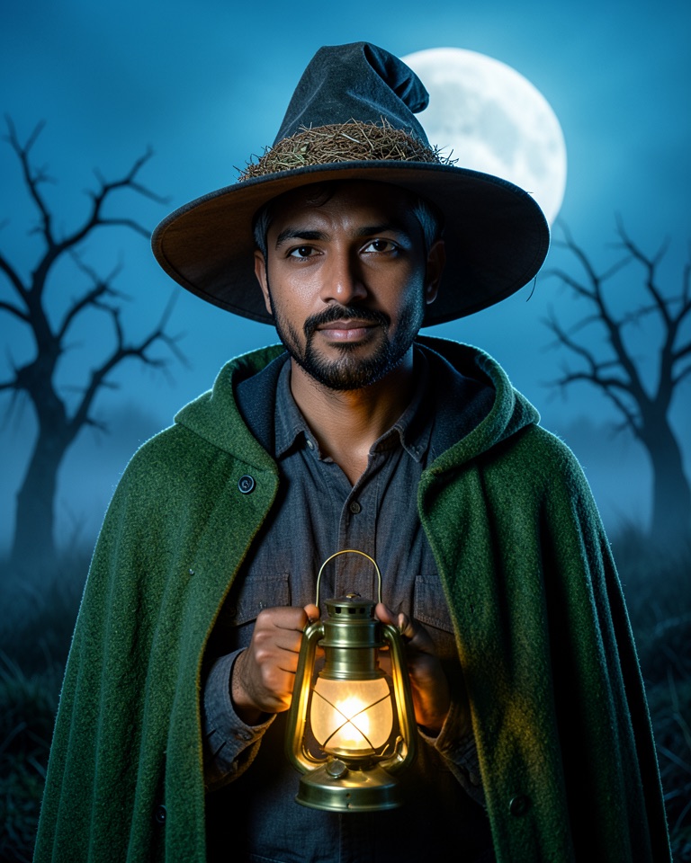 Fictional man in a charcoal witch hat and moss-green cloak holding a glowing brass lantern on a moonlit heath with bare trees