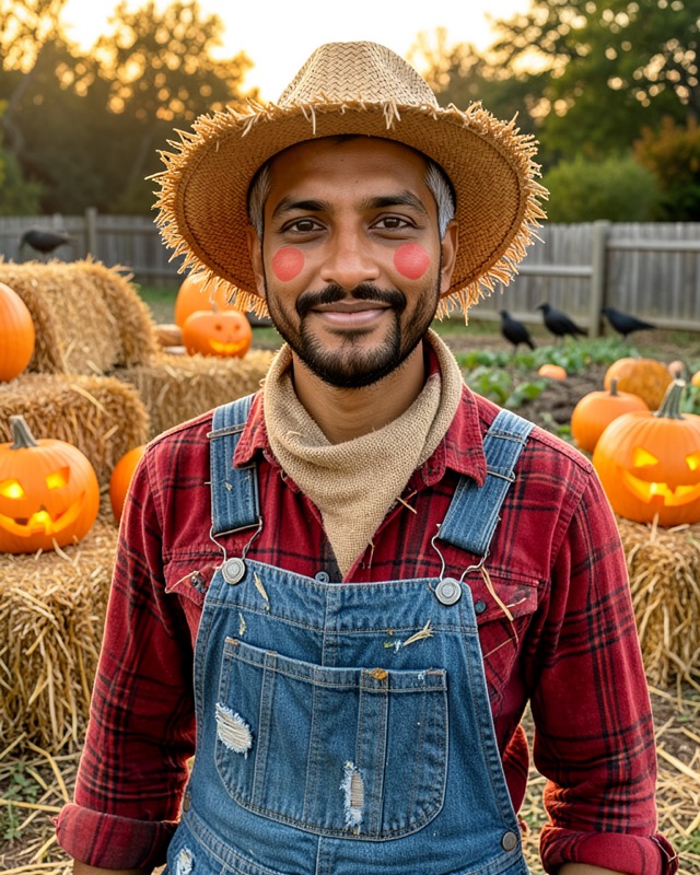 Fictional man dressed as a scarecrow in a straw hat, red plaid shirt and denim overalls in a pumpkin patch with glowing jack-o-lanterns