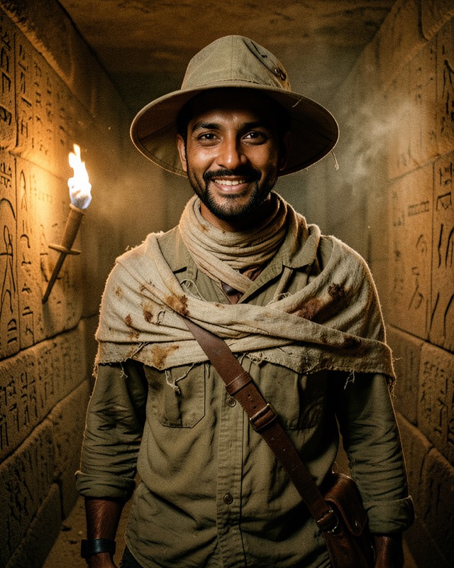 Fictional smiling man in a pith helmet and khaki shirt with stained linen wraps around his shoulders in a torch-lit sandstone tomb